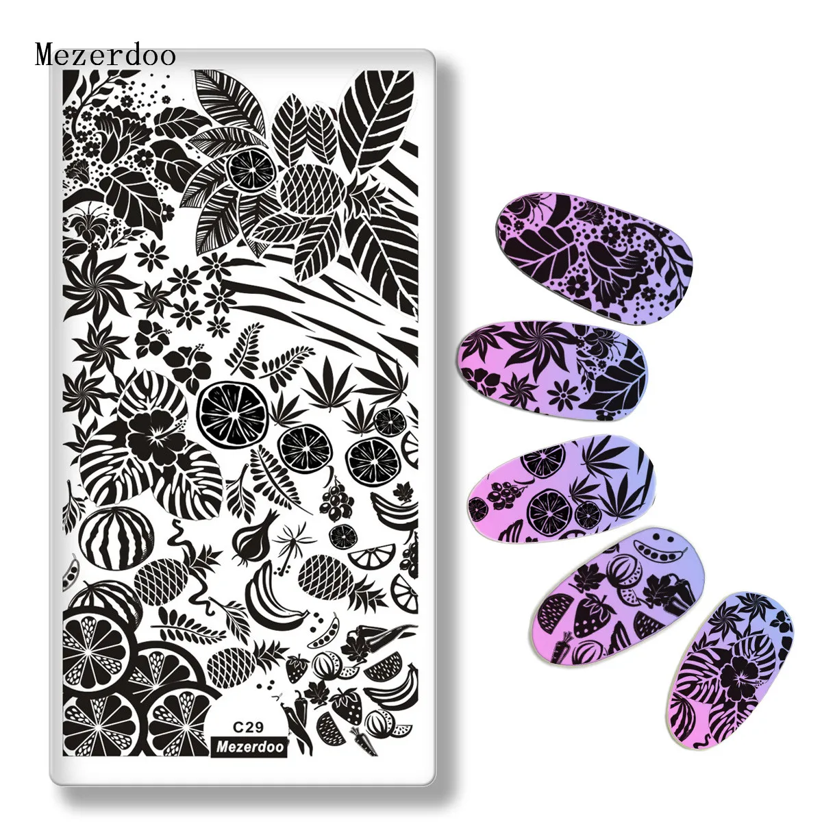 Mezerdoo Fruit Pineapple Style Nail Stamping Template Summer Watermelon Banana Lemon Image Rectangle Nail Art Stamp Plates C29