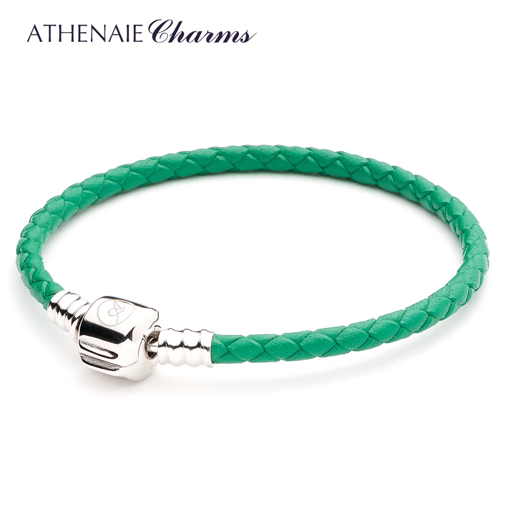 

ATHENAIE Green Single Braided Leather 925 Sterling Silver Charm Bracelet Fit Charms Beads for Women