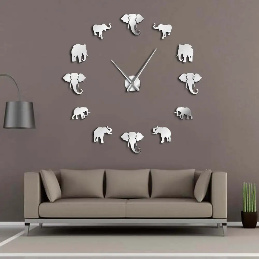 

Jungle Animals Elephant DIY Large Wall Clock Home Decor Modern Design Mirror Effect Giant Frameless Elephants DIY Clock Watch