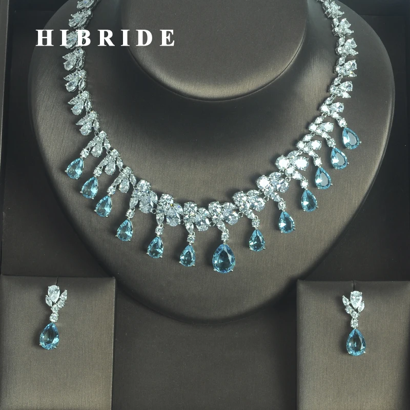 HIBRIDE Fashion European Light Blue Water Drop Shape AAA Cubic Zircoia Earring Necklace Sets Women Jewelry Sets Party Show N-333