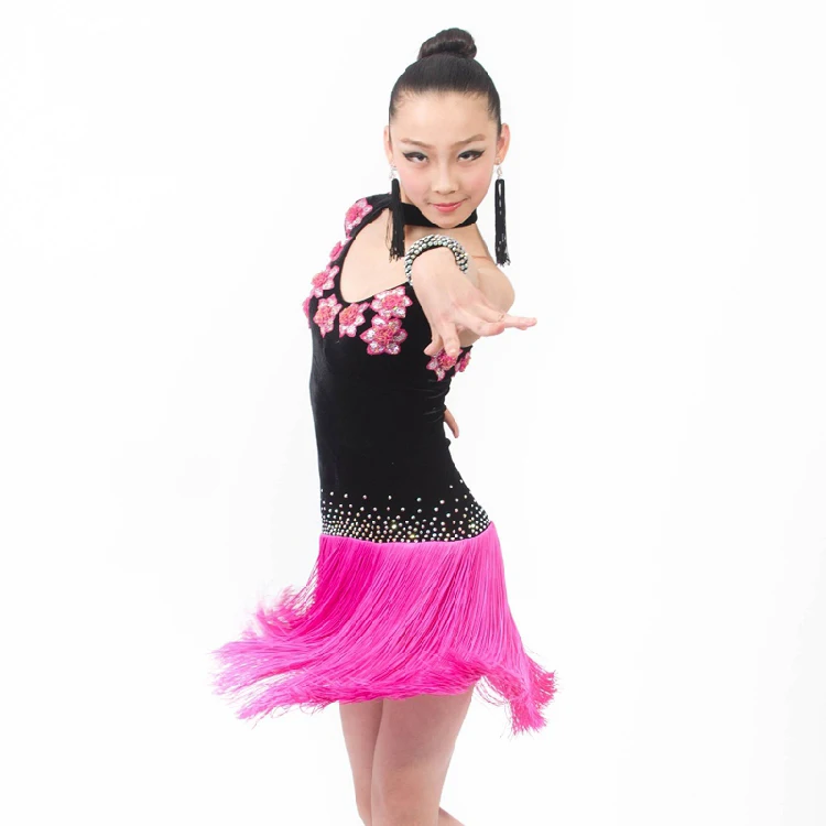 One-shoulder Long Sleeve Girls Latin/Salsa/Ballroom Competition Dress,Thick Flexible Tassels Skirt,Professional Stage Dancewear