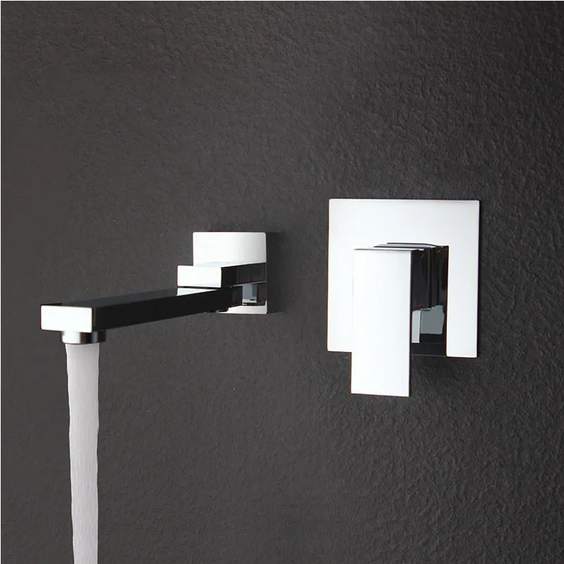 Grifo de lavabo montado en la pared para baño, grifería giratoria para bañera, válvula mezcladora de agua, tapa para fregadero, negro mate/cromo