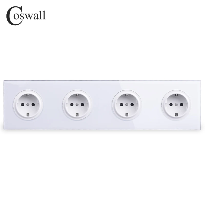 Coswall Crystal Tempered Pure Glass Panel 16A 4 Way EU Standard Wall Power Socket Outlet Grounded With Child Protective Lock