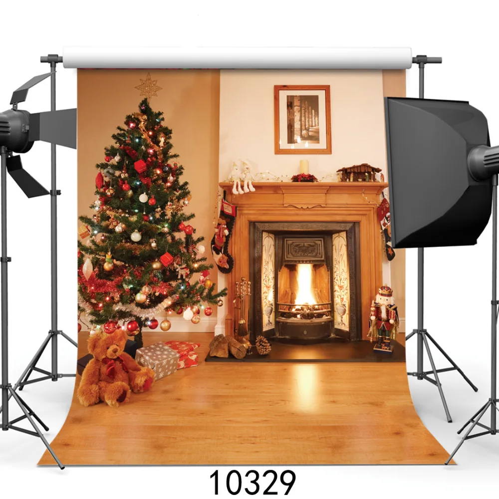 Fireplace Christmas Tree Photography Background for Photo Studio Computer Printed Vinyl Photographic Backdrop for Children Baby