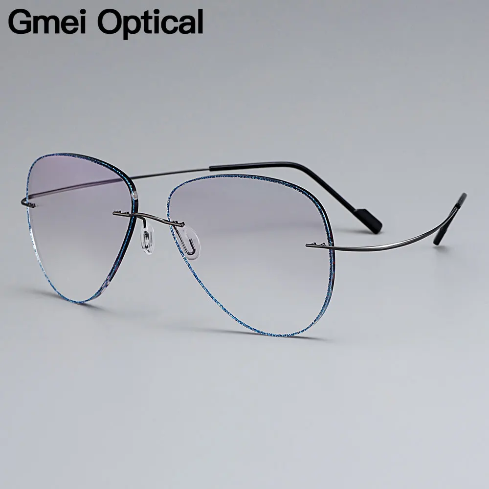 

Gmei Optical Grey Titanium Alloy Men's Rimless Glasses Frame With Gradient Grey Tint Plano Lenses And Blue Border T80893