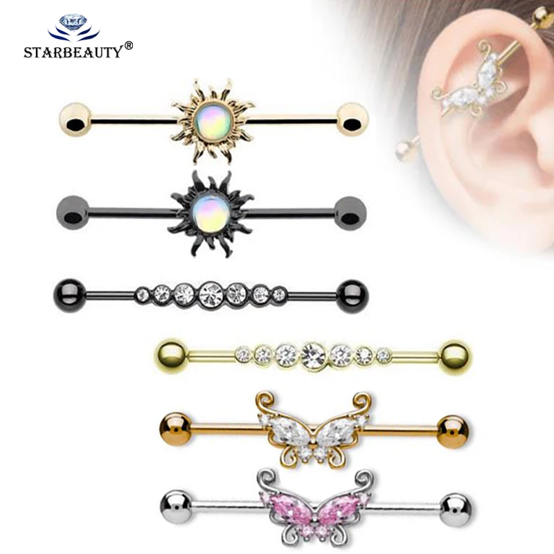 1Pc 1.6x38mm Sun Opal Gem Industrial Piercing Barbells Nails Ear Studs Earrings Plugs Unique Design Body Jewelry