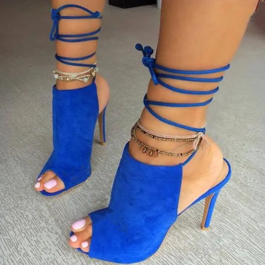 

Plus size Euro 35-43 cross-tied lace up sandals for woman peep toe slingbacks stiletto heels suede booties ankle boots 3 colors