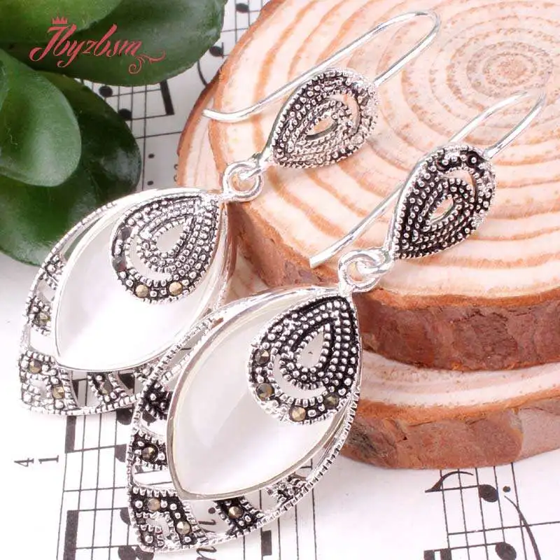 12x22mm Oval Jades Cat Eye Sandstone Stone Bead Marcasite White Tibetan Silver Earring 1 Pair Fashion Jewelry Gift Free Shipping