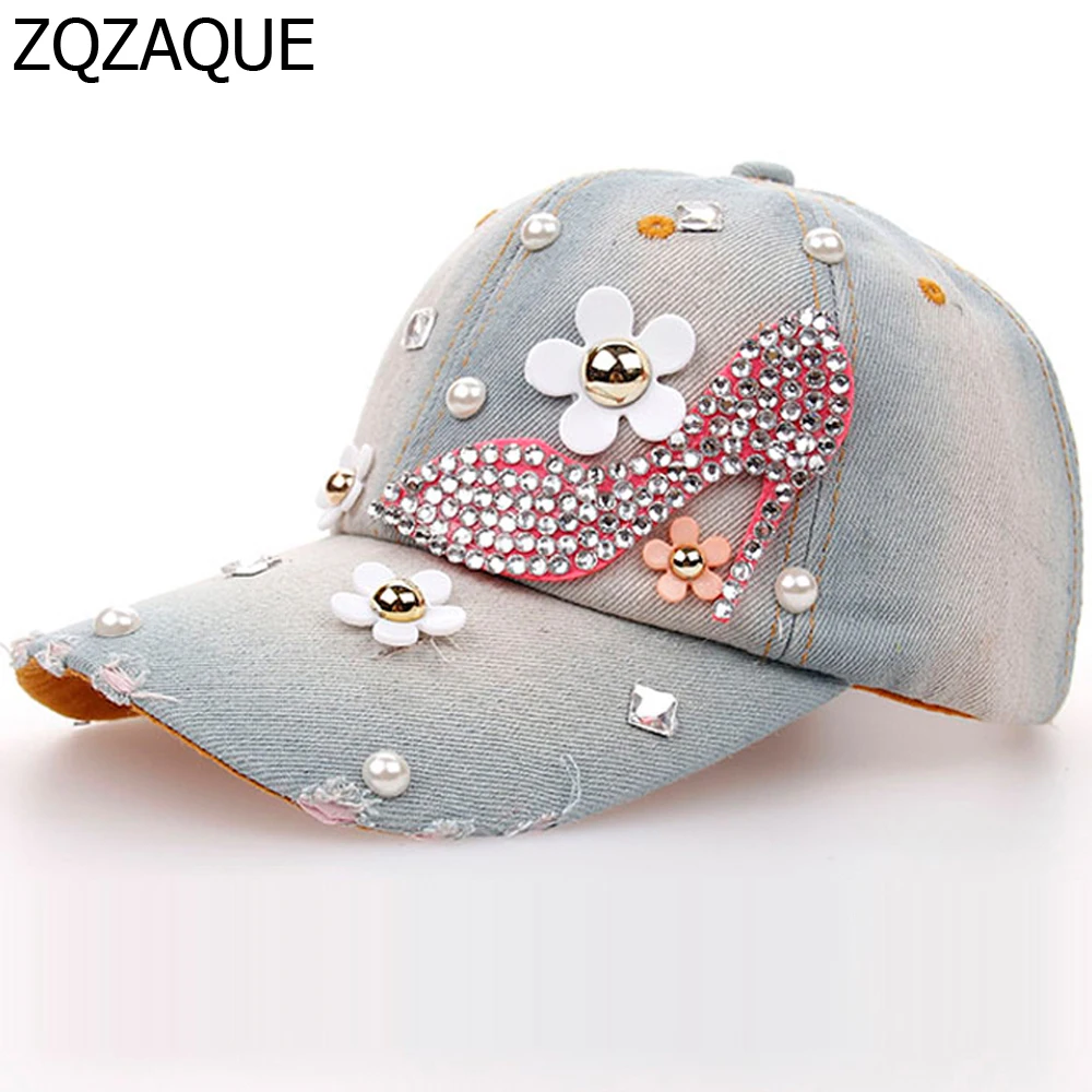 Female's Denim Baseball Caps Flower Decorated Manual Drill High Heel Shoe Pattern Hats for Women High Quality New Arrival SY549