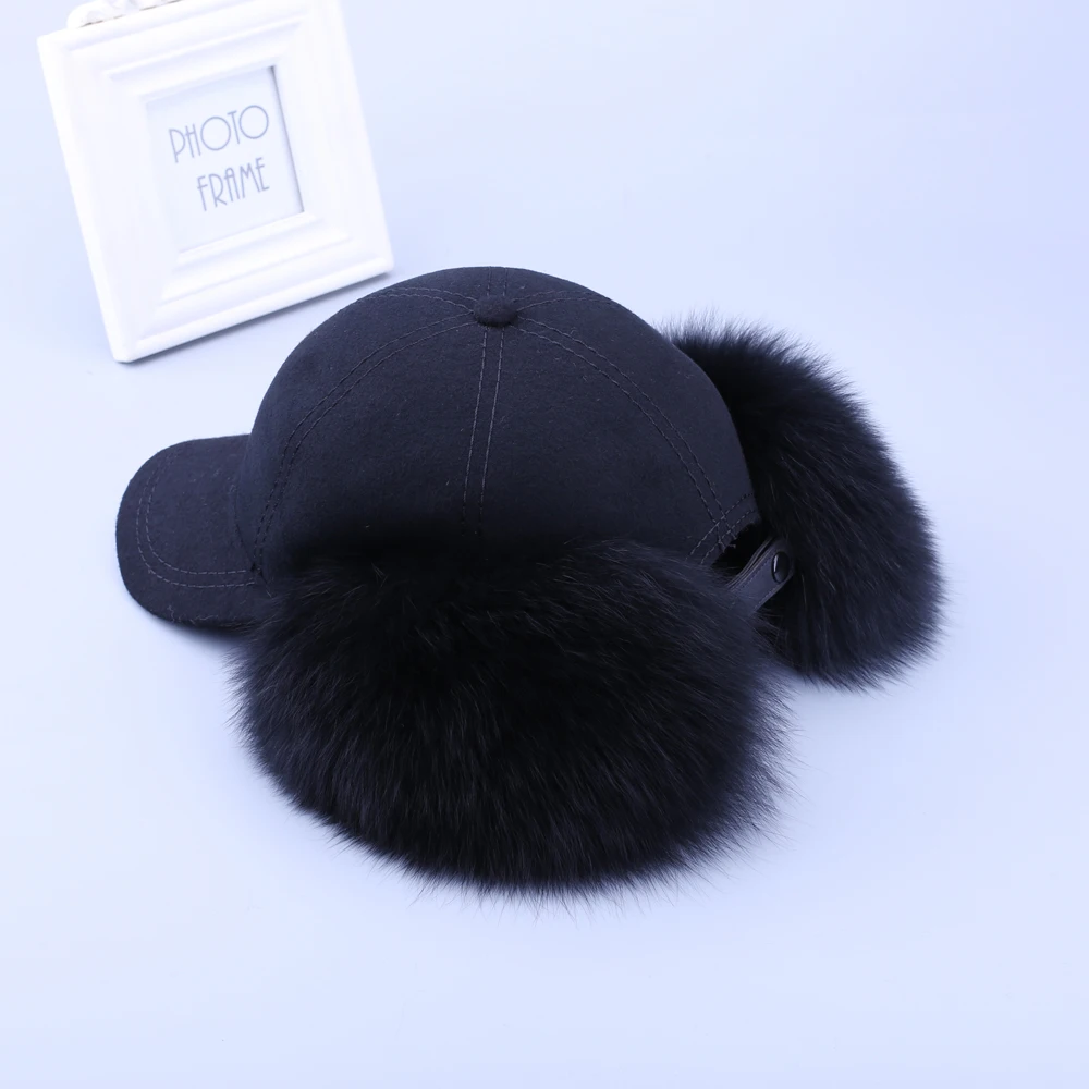 

Fashion New 2020 Genuine Real Fox Fur Raccoon Fur Trim Cashmere Wool Blend Baseball Caps Winter Bomber Hats Earmuffs Cap