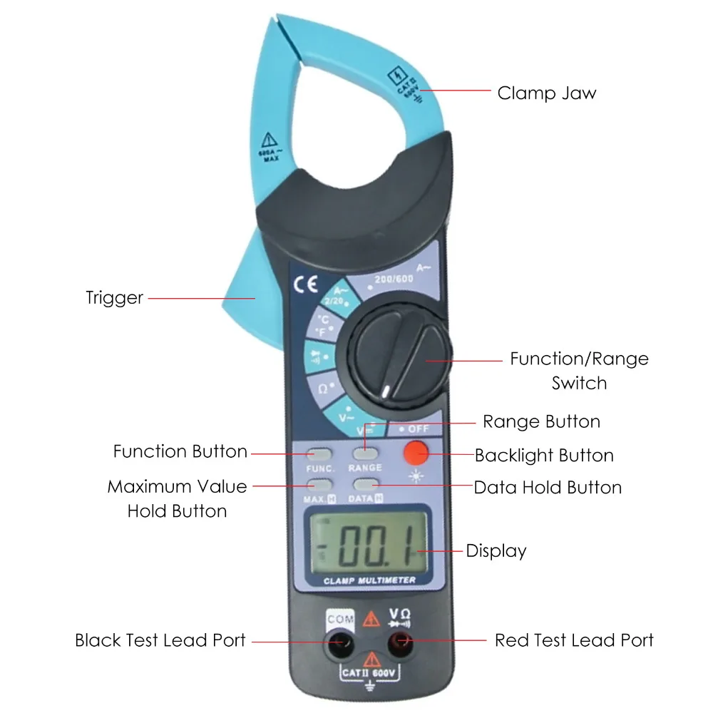 Digital Clamp Meter DC AC Voltage AC Current Resistance Diode Audible Continuity Temperature w/ 1999 Reading + 37mm Jaw Opening