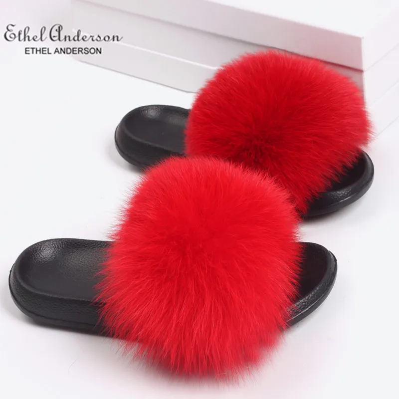 New Arrival Real Fox Fur Slippers Woman Genuine Raccoon Hair Casual Outdoor Fluffy Shoes Good Quality Holiday Sandals