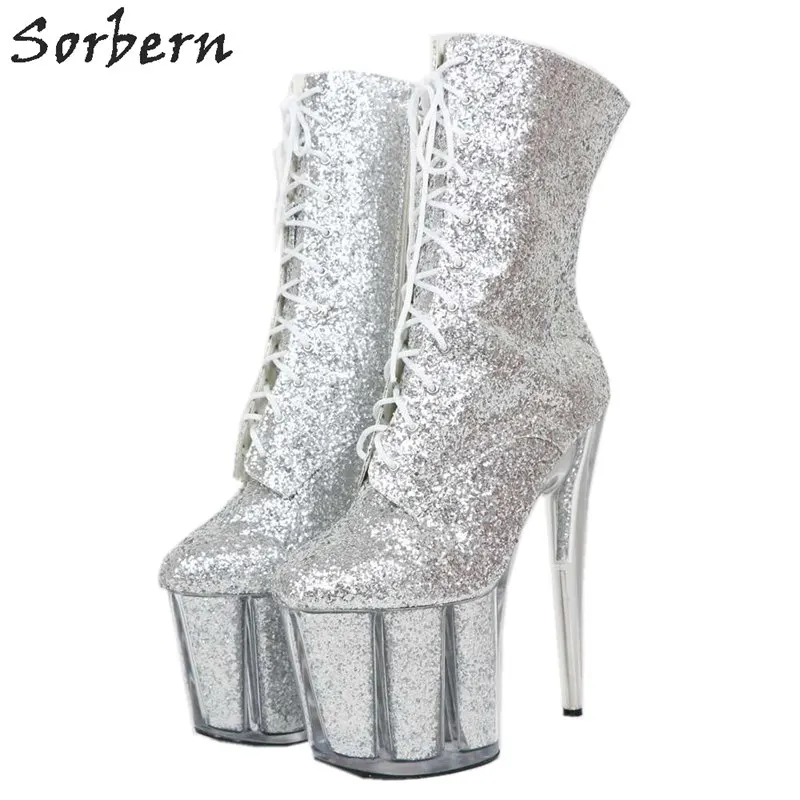 

Sorbern Silver Glitter Ankle Boots For Women 20Cm Extreme High Heel Pole Dancer Shoes Custom Color Unisex Fetish Booties Heels