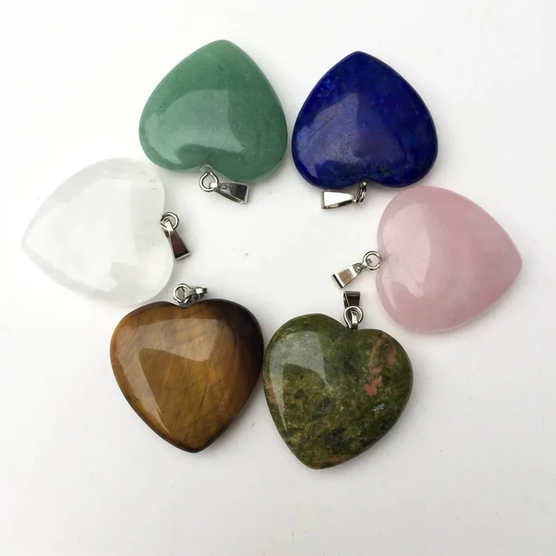 Natural Love Heart Pendants for Lover, Gem Stone, Pink Quartz, White Crystal, Healing Necklace, Charm Jewelry, 25mm