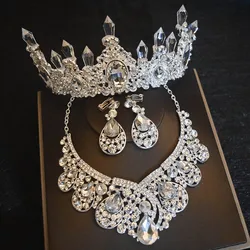 Luxury Big Rhinestone Bridal Jewelry Sets Silver Plated Crystal Crown Tiaras Choker Necklace Earrings Sets Wedding Accessories