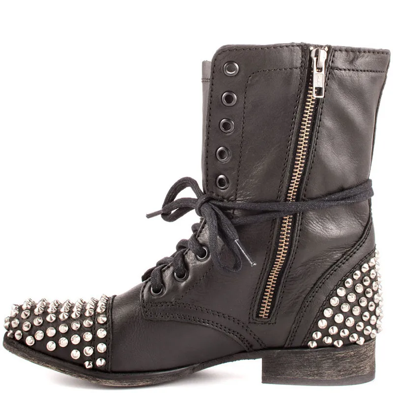 Punk Style Metal Rivets Studs Round Toe Ankle Boots Low Chunky Heels Boots Sexy Lace up Women Back Spikes Short Bottines