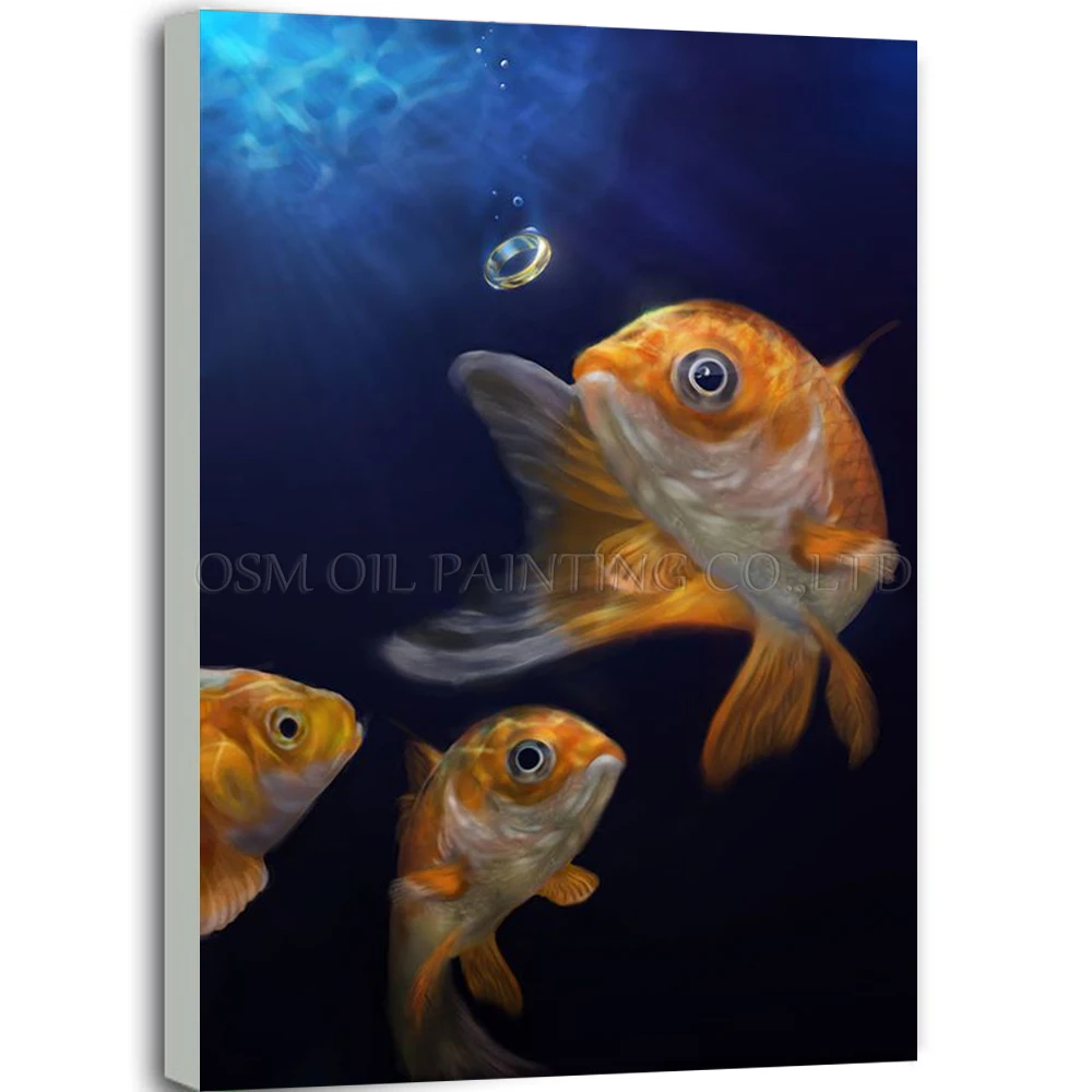 

Professional Artist Handmade High Quality Impression Animal Fish Oil Painting on Canvas Handmade 3 Goldfish Oil Painting