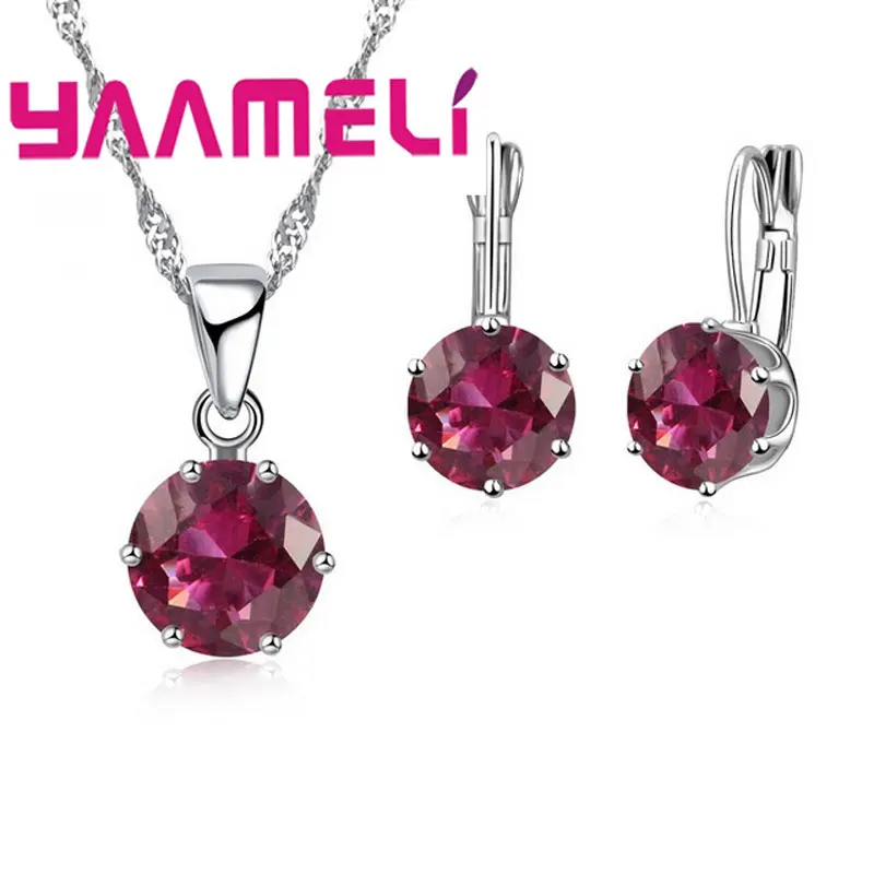 Factory Price 17 Colors Women Wedding Fashion 925 Sterling Silver Pendant Necklace Earrings Jewelry Sets Wholesale