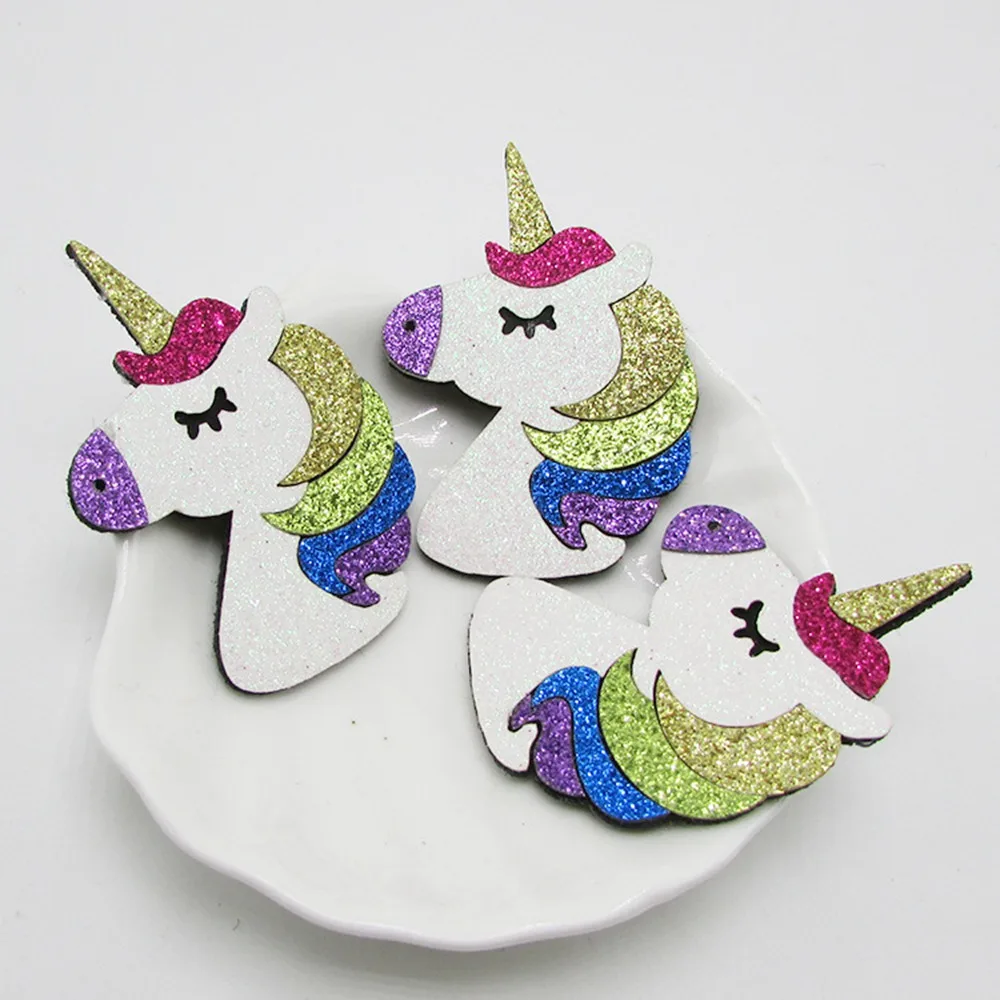 100pcs/lot Colorful Glitter Unicorn Padded Appliques Single Sided Glitter Fabric Patches DIY Patch Baby Toy Headwere Accessory