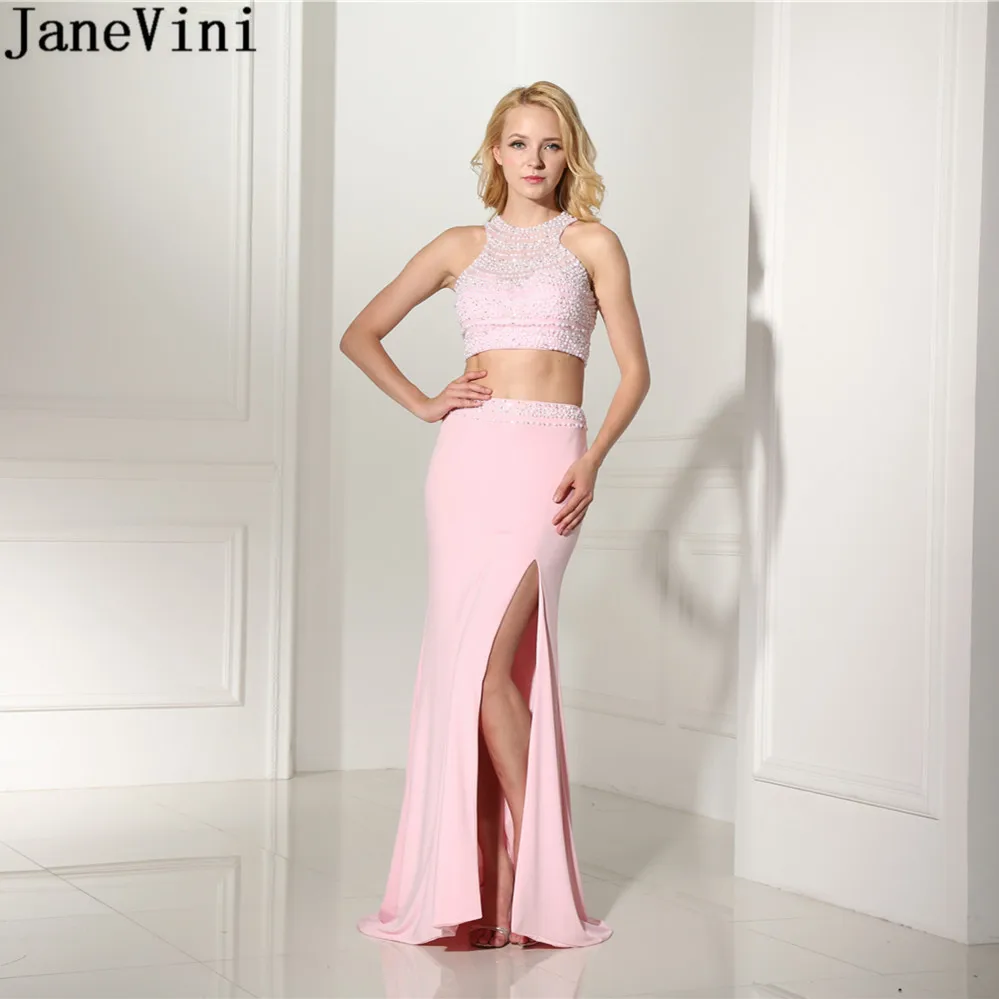 Janeini vestido de dama de honra, em chiffon, duas peças, sem mangas, com divisão lateral, elegante, sereia, para festa de casamento, 2019