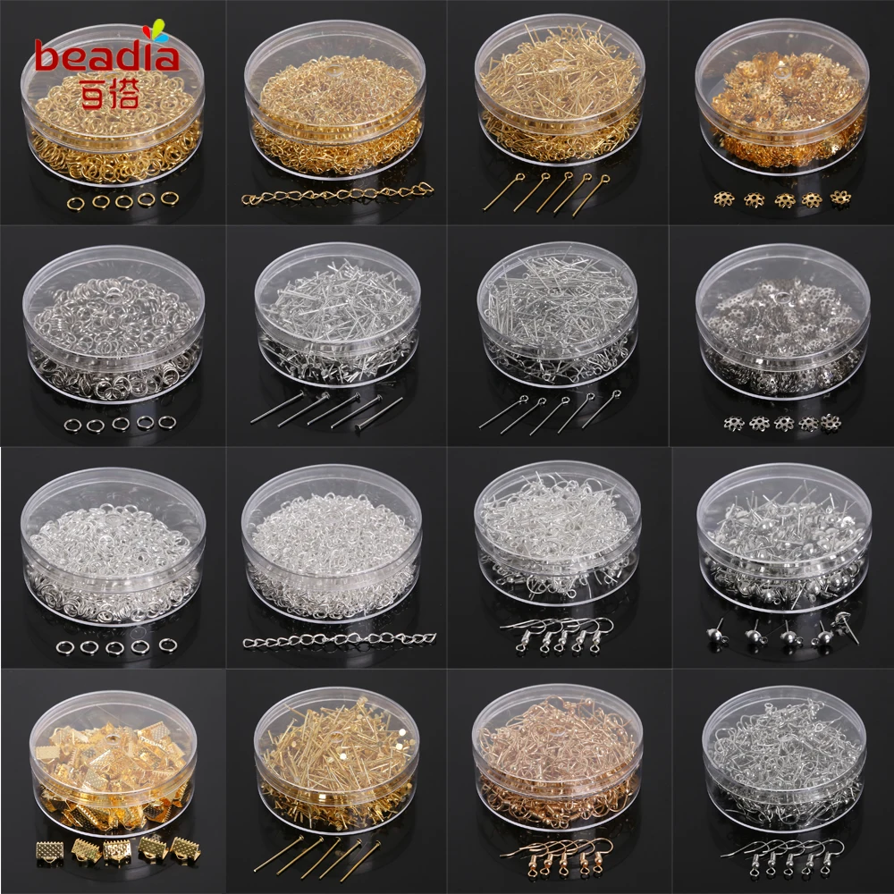 New Box Jewelry Findings Jump Ring/Beads Caps/Extended Chains/Pins/Claps/Earring Hooks Mix Types metal Color for Fashion Jewelry