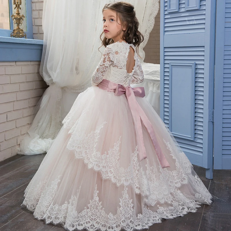 Long Sleeves Lace Blush Pink Baby Girl Summer Clothes Kid Dresses Toddler Girl Ball Gown For Wedding Party vestidos de comunion