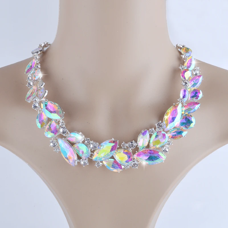 AB Color Marquise Rhinestone Bridal Wedding Jewelry Sets Women Party Necklace Earrings Set Crystal Unique Dress Accessories