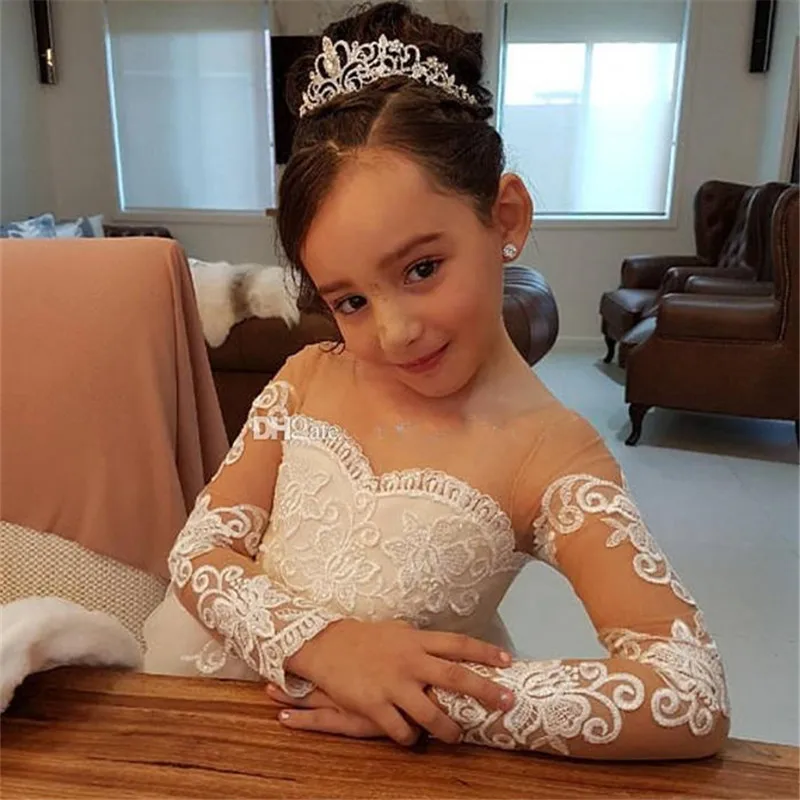 Vestido De Baile De Renda Marfim Infantil, Vestidos Menina De Flores, Vestidos Compridos De Comunhão, Laço De Cetim, Princesa