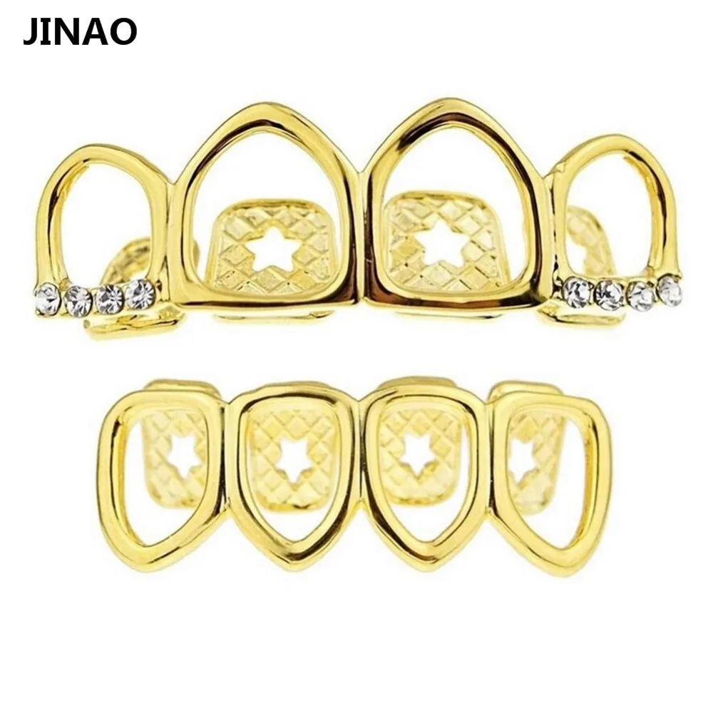 JINAO Grill Set Gold Color Plated Four Full Open Face Hollow Tooth Grillz Top with CZ & Bottom Teeth Grills Sets For Men & Women