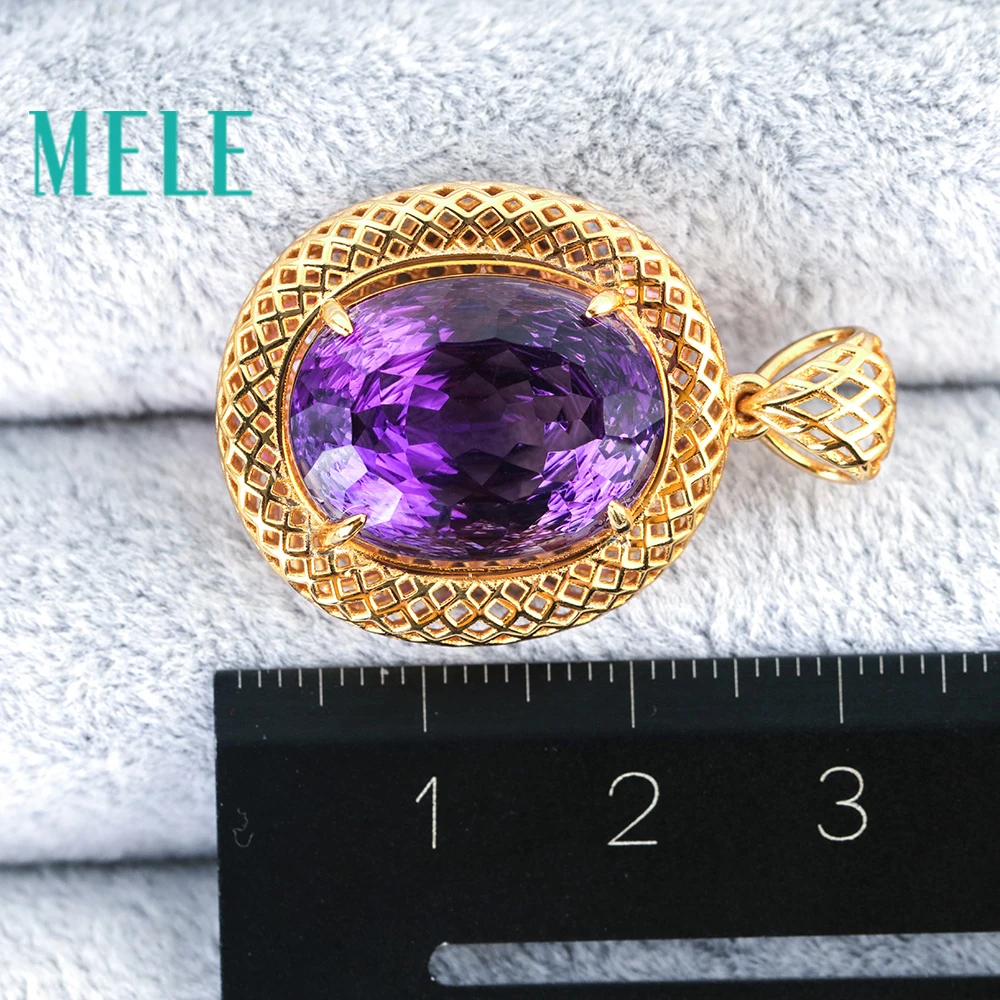 Amethyst Pendant MELE Natural 925 Sterling Silver Pendant For Both Women And Man,Big Oval Cut Gold Plated Pattern Fine