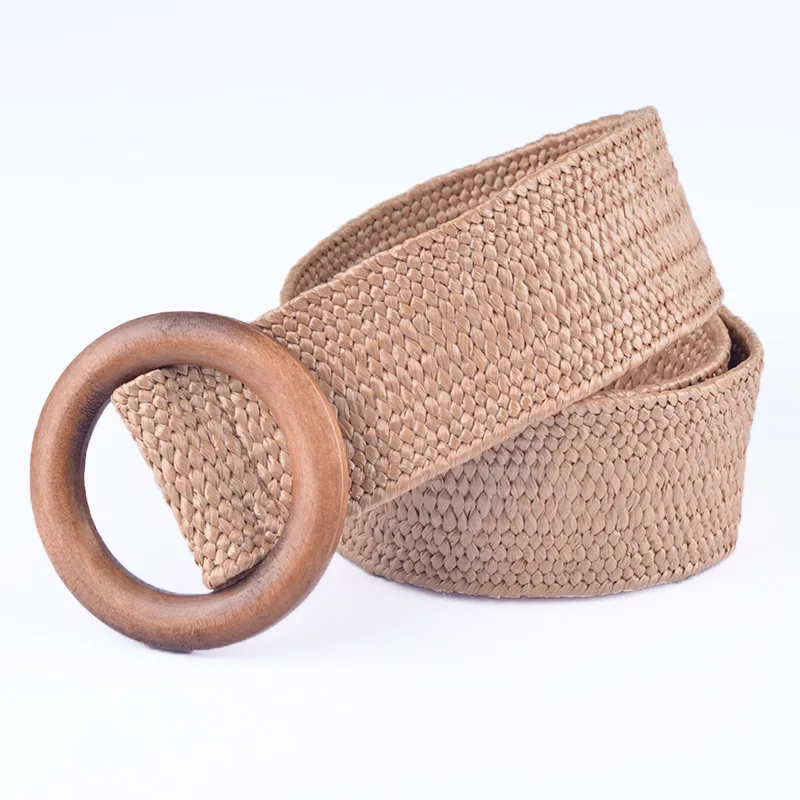 Women Straw Weave Belt Round Buckle Bohemian Straw Corchet Belt Boho Dress Belt