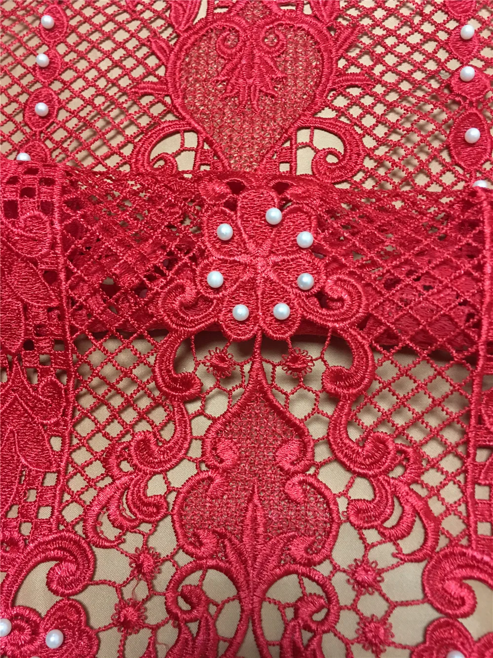

High quality africa red color cord lace fabric/ water souble chemical lace fabric with beads for party 5yards.lot