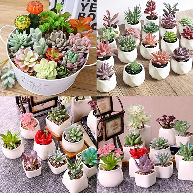 16 Pcs Artificial Succulent Mini Fake Flocking Cacti Plants Lotus Landscape Decorative Garden Wreath Arrangement Home Decor