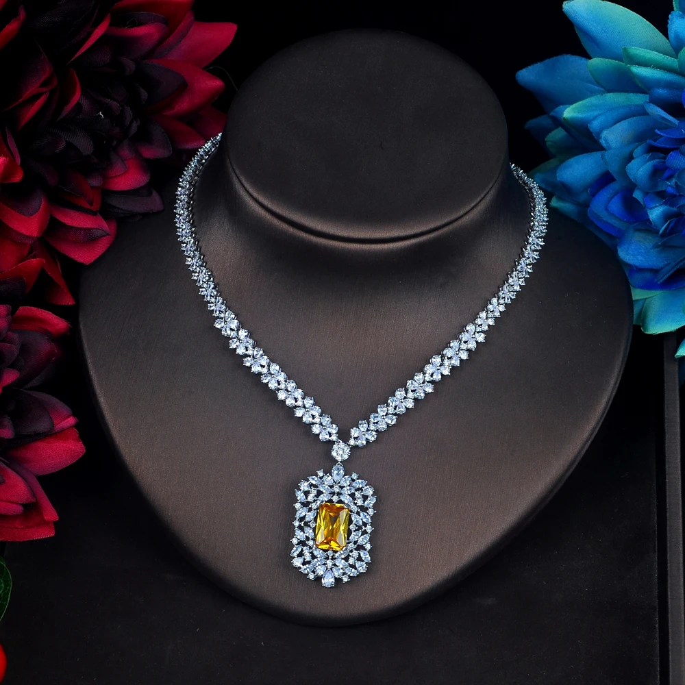 HIBRIDE تألق الحجر الأصفر مكعب الزركون مجموعات مجوهرات المعلقات الطويلة انخفاض القرط قلادة مجموعة فستان اكسسوارات N-639 #5