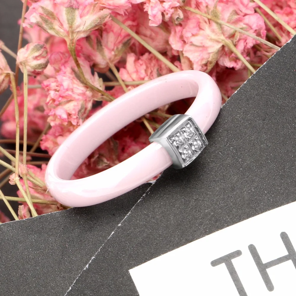 New Pink Crystal Ring 3mm Pink Ceramic Ring Stainless Steel Protruding Square With Rhinestone Women Rings For Female Jewelry