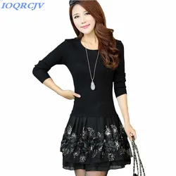 Knit Sweater Dress Women's 2022 Autumn Winter New Lace Stitching Fake Two Pieces Mini Dress Diamond Slim Female Pullover Tops