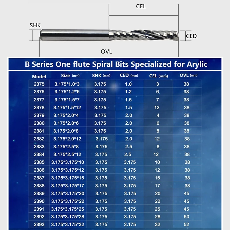 1pc 3.175mm SHK B Series carving Cutters One Flute Spiral End Mills Flute CNC Router Bits for cutting 1 MDF Acylis plastic