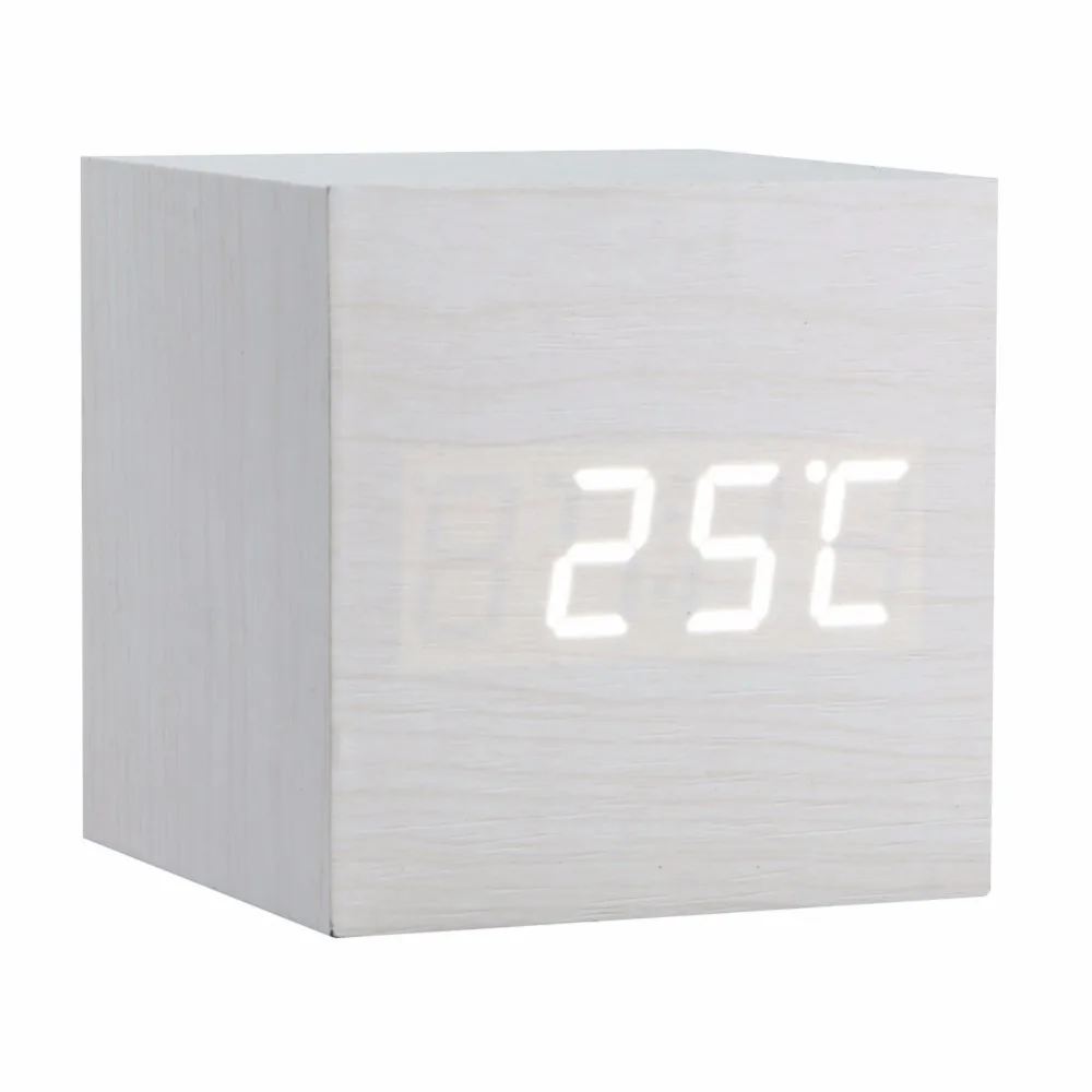 ใหม่ Cube LED นาฬิกาปลุกดิจิตอลสแควร์โมเดิร์นควบคุมเสียงไม้นาฬิกาอุณหภูมิ USB/AAA 10สี