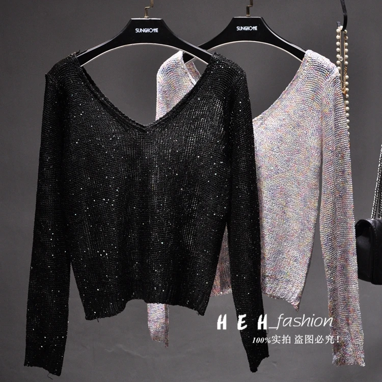 Cakucool New Women Sequined Sweaters Thin Black Long Sleeve V-neck Jumper Backless Sexy Bling Party Knit Pullover Sweater Lady