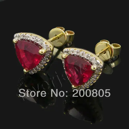 LOVERJEWELRY Trillion 7mm 14Kt Yellow Gold Diamond Red Ruby Stud Earrings Ruby Earrings 585 Yellow Gold E0081