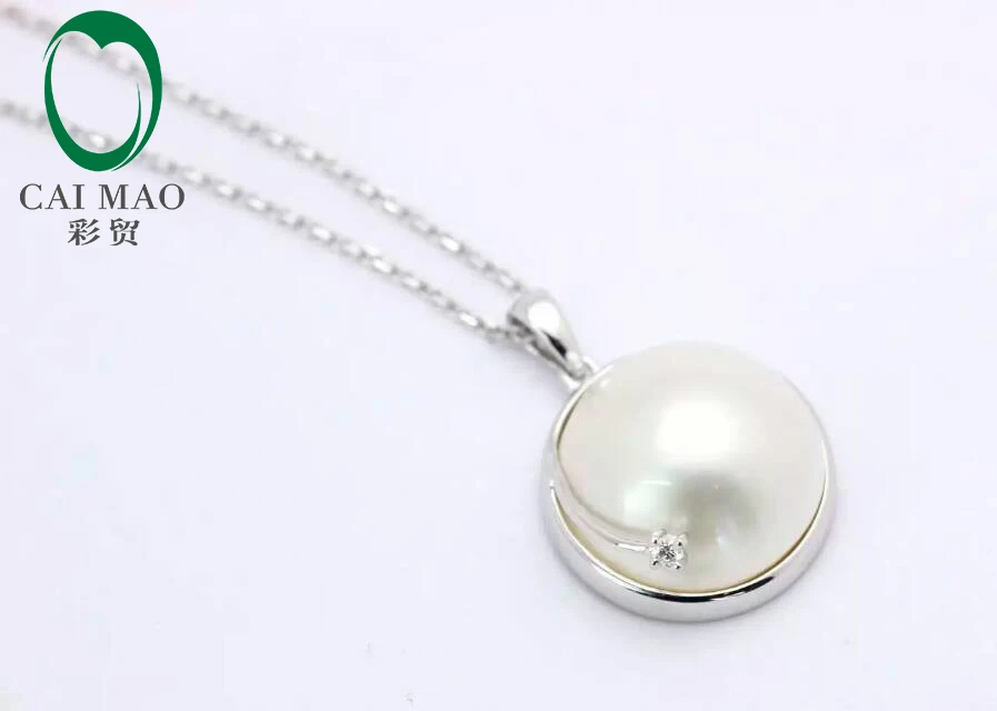 

14k White Gold Round Mabe Pearl Classic Engagement Diamond Pendant Free shipping For Anniverary