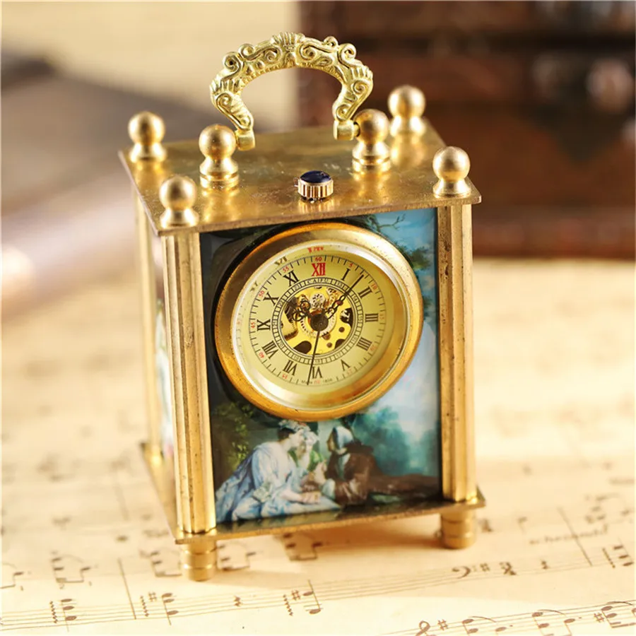 Unique Retro Painting Mechanical Table Watch Bracket Clock Vintage Antique Art Square Bronze Home Decoration Watch Clock