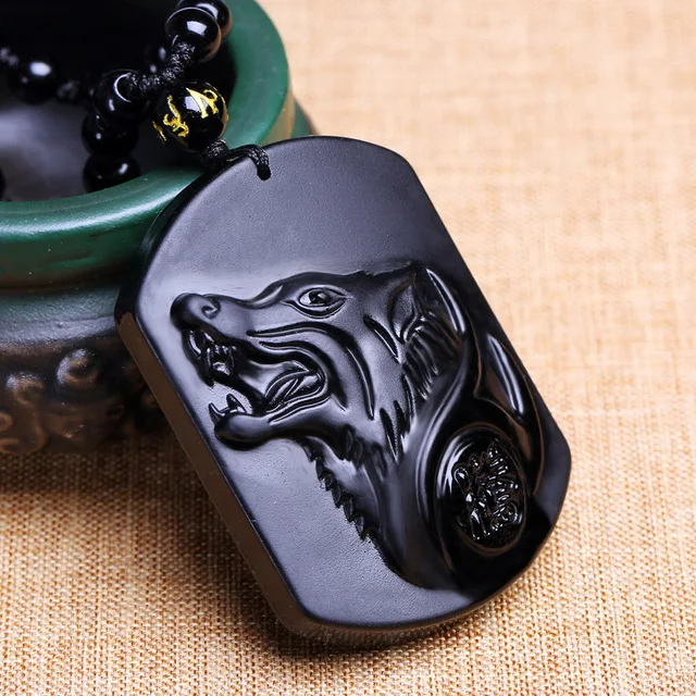 Drop Shipping Black Obsidian Carving Wolf Head Obdidian Amulet pendant free necklace obsidian Blessing Lucky pendant Men Jewelry