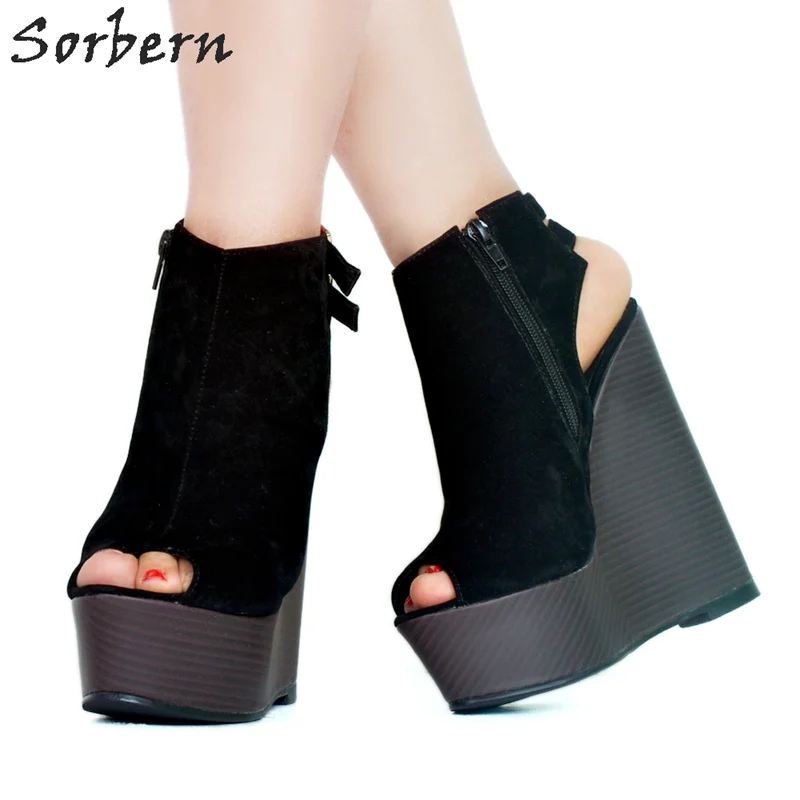 

Sorbern Black Peep Toe Slingback Open Heel Shoes Ladies Wedge Heels Zipper Sandale Femme Fashion Shoes 2018 Women Shoes