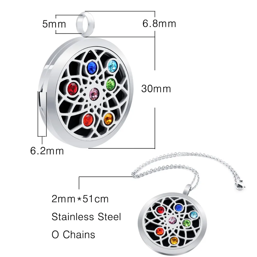 30mm Chakra Design Aromatherapy Locket Pendants Essential Oils Stainless Steel Diffuser Perfume Locket with Pads Drop Shipping