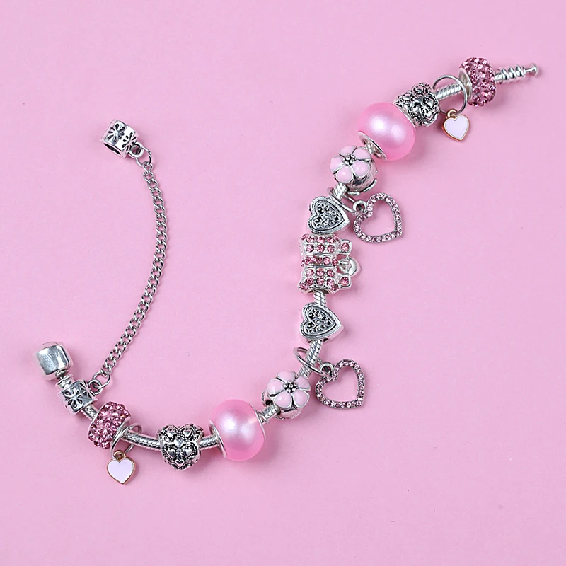 Leabyl Romantic Pink Crystal Heart Charm bracciali Color argento Little Love ciondolo Bead bracciale gioielli per le donne