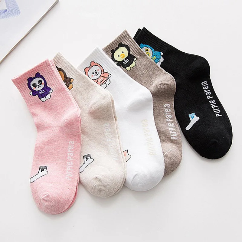 

5 Pair/ Lot Autumn And Winter Cartoon Bear Ladies Tube Cotton Socks Female Animal Cute Socks