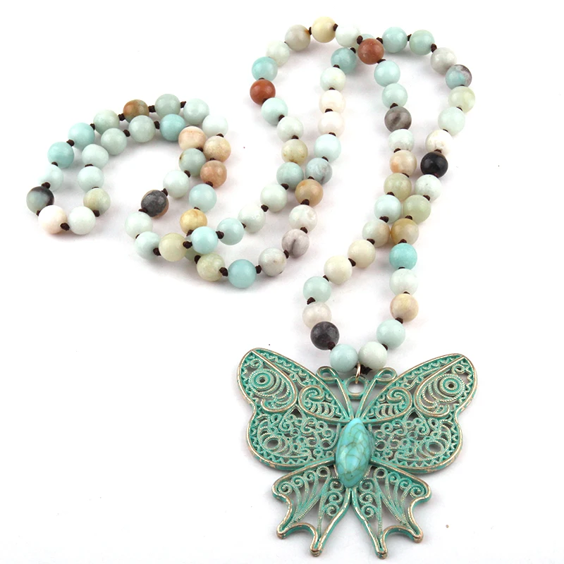 Fashion Bohemian Jewelry Amazonite Stone Beads  Long Knotted Butterfly Pendant Necklace For Women Ethnic Necklace