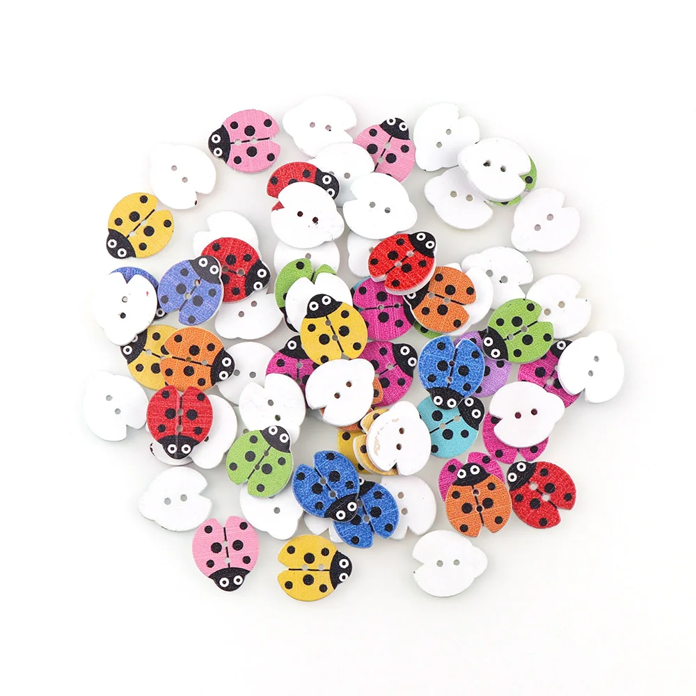 50PC 16x18mm Mixed Color 2 Holes Decorative Buttons Lovely Ladybug Cartoon Animals Wood Buttons Sewing Scrapbooking