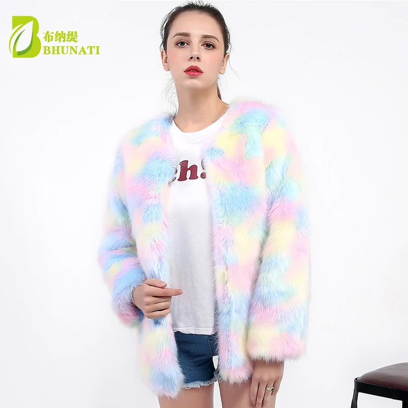 Chaqueta de piel sintética para mujer, abrigo colorido y elegante, Multicolor, manga larga, sin cuello, informal, Invierno